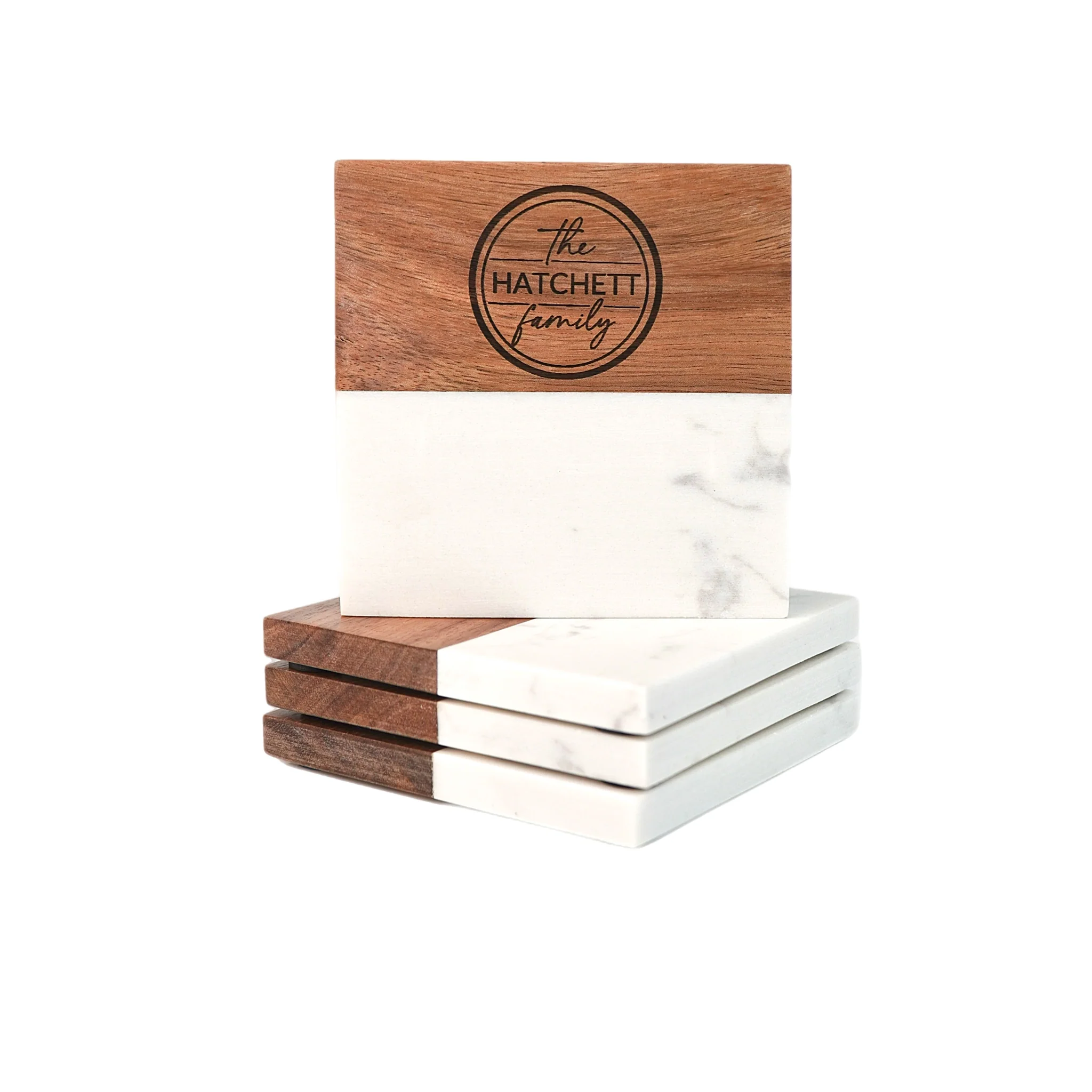 Elegant Engraved Marble & Wood Coaster Set - Image 2