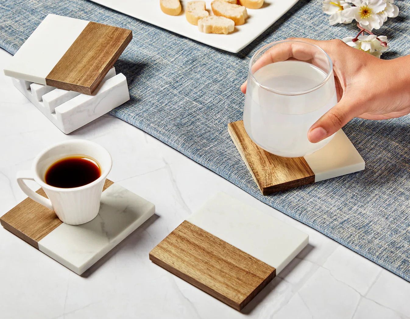 Elegant Engraved Marble & Wood Coaster Set - Image 3