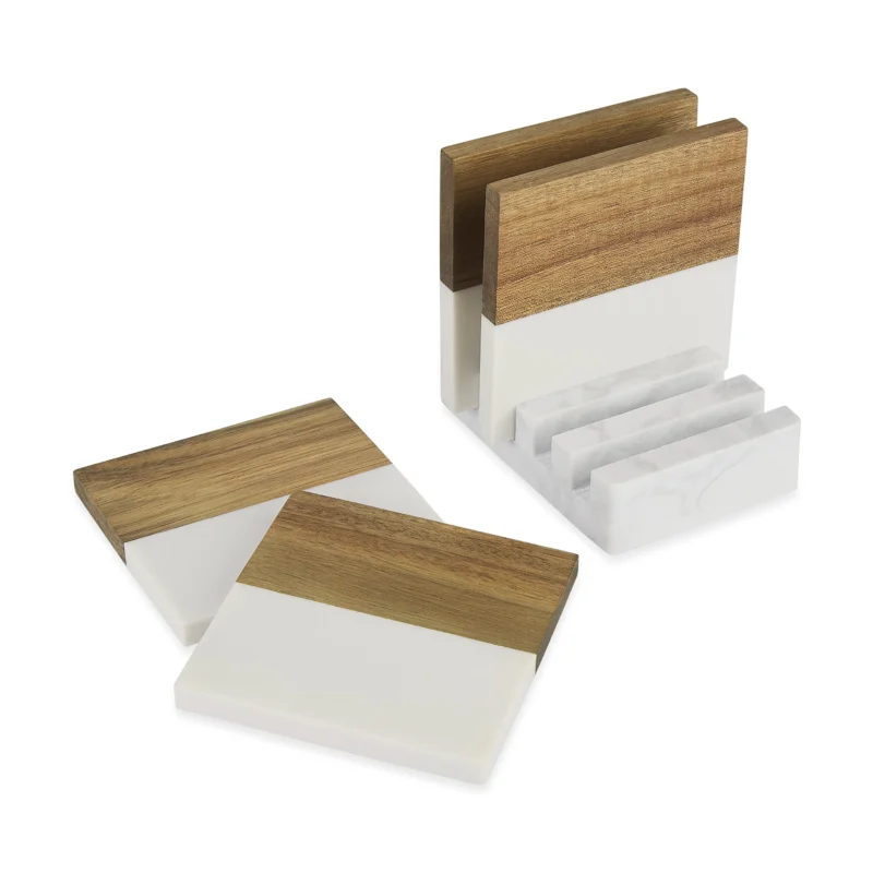 Elegant Engraved Marble & Wood Coaster Set